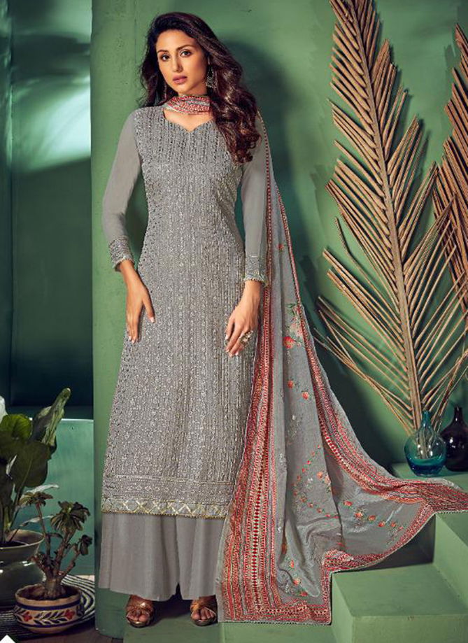 Gold Pure Georgette With Heavy Embroidery Lucknowi Work Plazzo Salwar Suit Collection 13501-13506